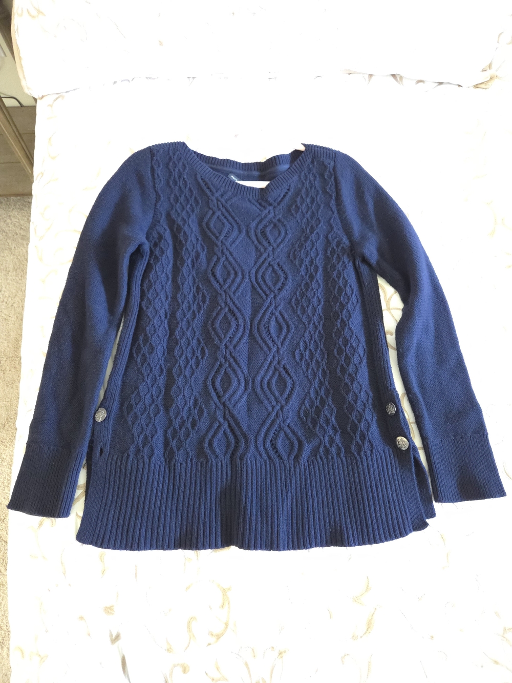 White House Black Market Navy Cable-Knit V-Neck Sweater